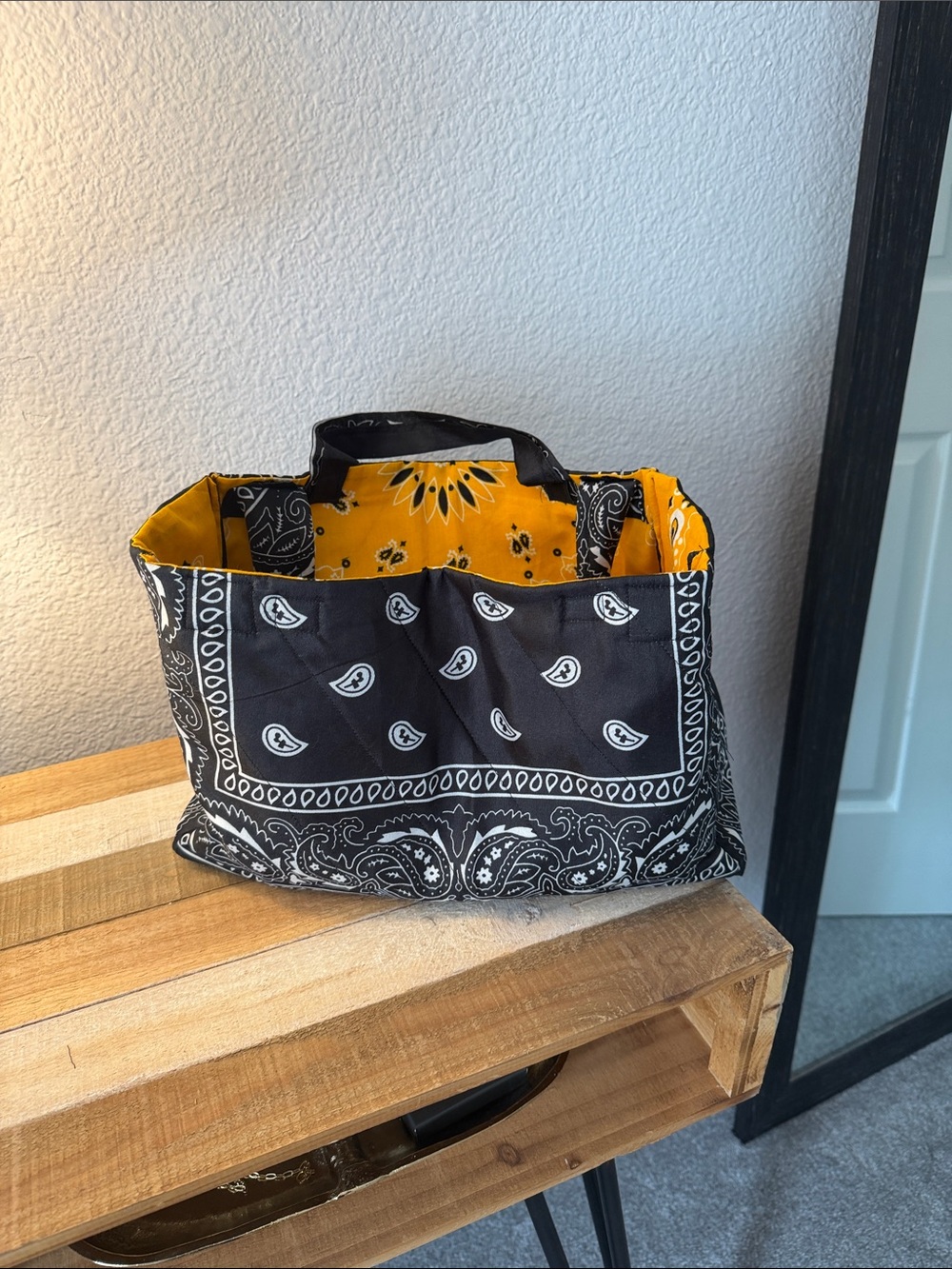 Stylish Black Bandana Tote with Yellow Lining